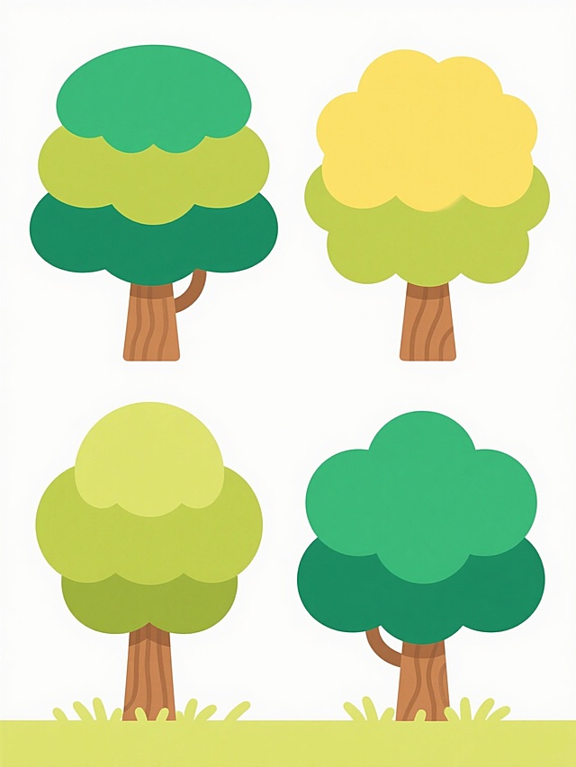 卡通风格插画，4棵不同品种、不同样式、不同外观的树木，白色背景，排列整齐，树木采用圆润的树冠造型，树叶用分层的色块堆叠，色彩明快，树干为棕色，带有简洁的纹理，树冠颜色有绿色、黄绿色等不同变化，底部有简单的草丛点缀，整体风格可爱、简洁、扁平化，线条平滑无锯齿，色彩过渡柔和，画面干净整洁。