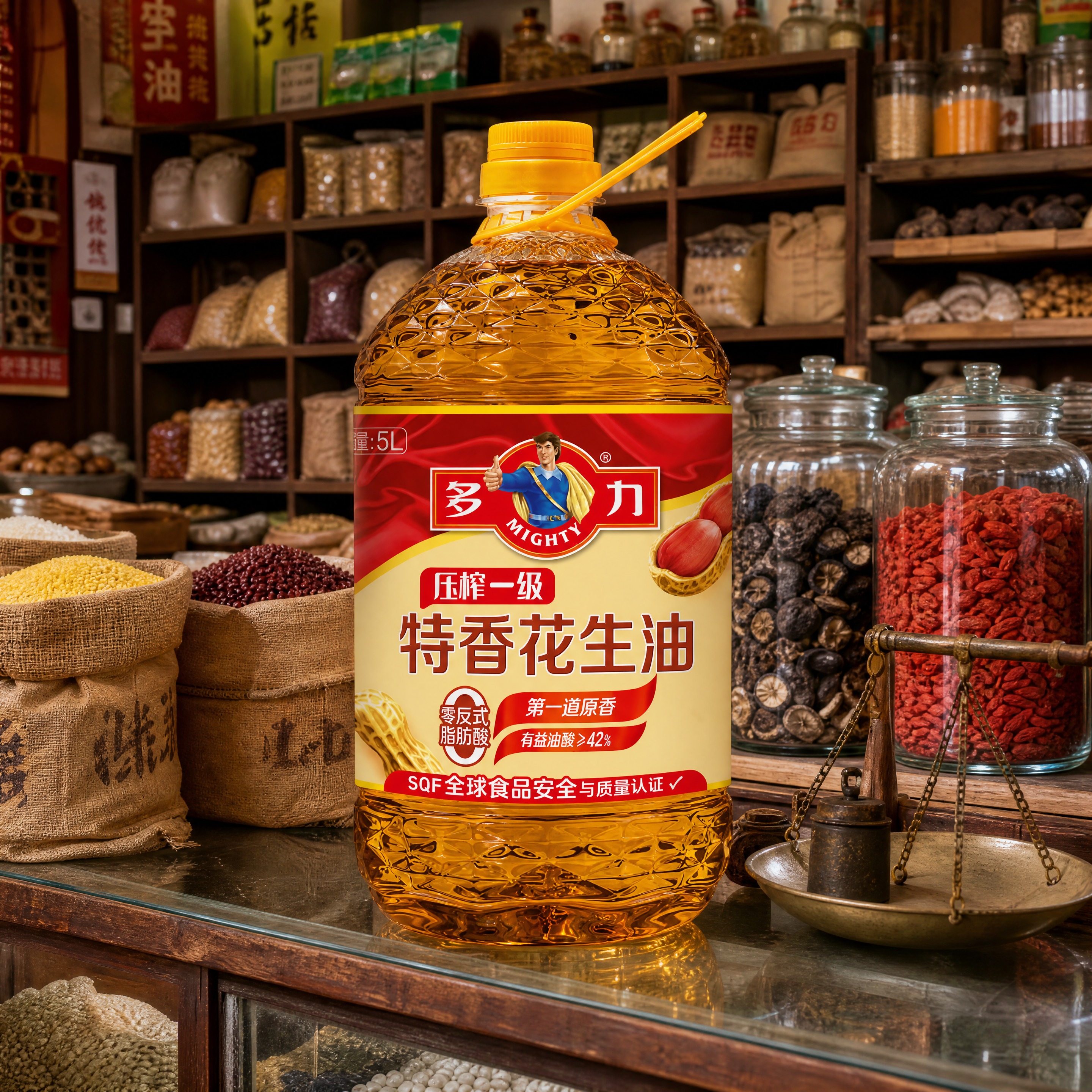 超写实粮油干货店场景摄影。 主体：花生油桶严格参照上传产品图，… - 图片创意预览