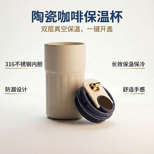 在这张咖啡保温杯的图片上添加产品卖点文字，保持产品主体不变，生成1:1比例的商品主图，添加清晰卖点排版