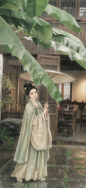 参考图二的风格，在图一的雨中芭蕉中式庭院场景中添加一位宋代汉服美女，美女造型不要和图二相同，保持整体氛围协调，保留原图的雨景、芭蕉和木质建筑细节预览效果