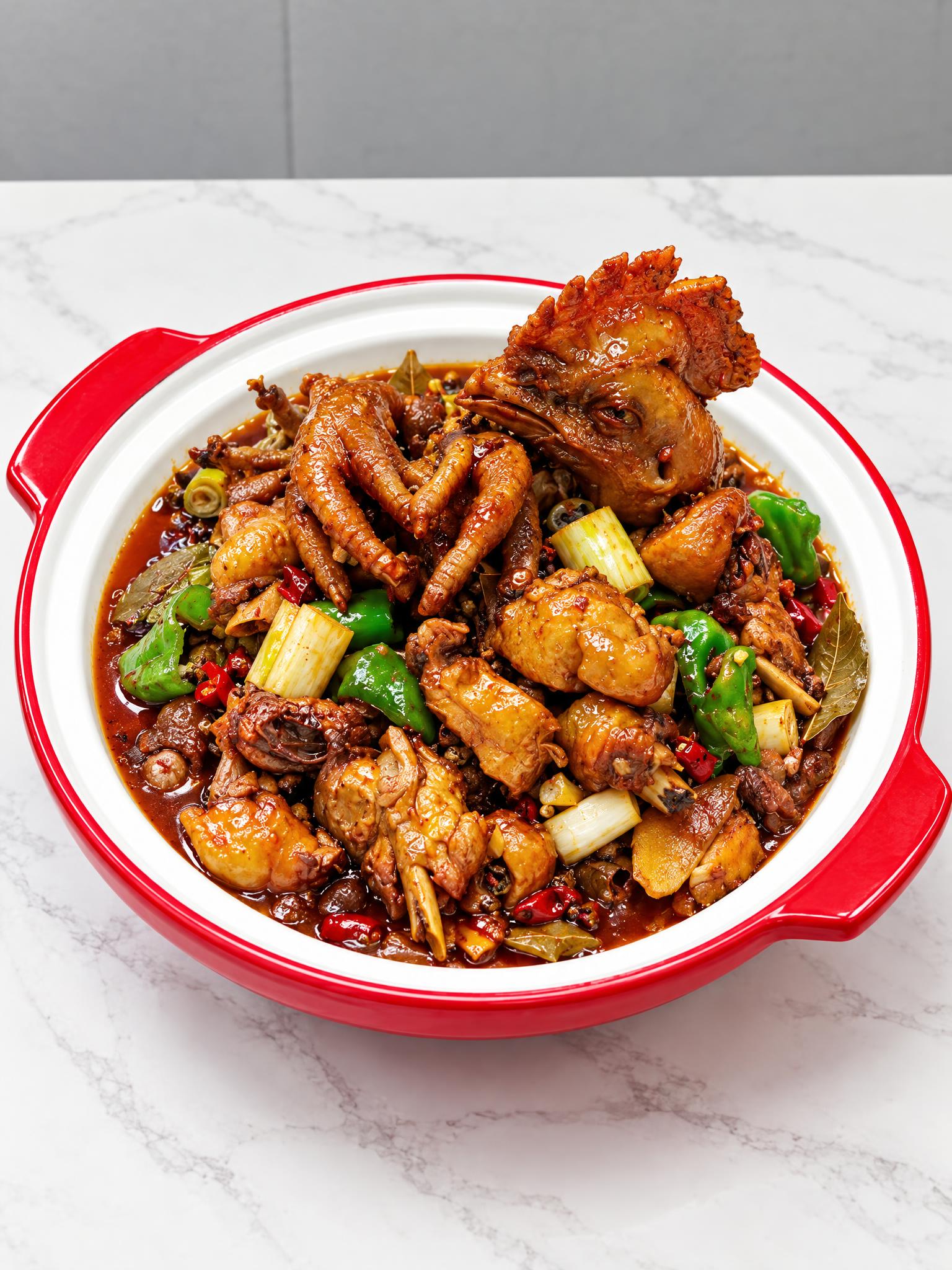 基于参考图中的红烧土鸡菜品，生成俯视45度角度的美食摄影图，保… - 图片创意预览