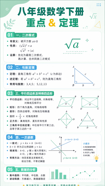 参考原图的清新简约教育风格，制作一张竖版八年级数学下册期末重点知识点总结海报，主标题为'八年级数学下册 重点 & 定理'。包含以下五个模块知识点，保留清晰的图文排版：一、二次根式：有意义：被开方数 a预览效果