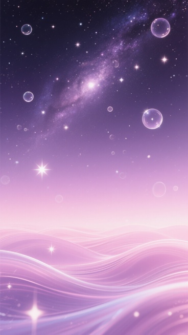 粉紫渐变为主色调的梦幻背景，融合深邃银河星空元素，画面中点缀着闪烁的繁星和大小不一的透明光晕，柔和的流线型波浪纹理在底部缓缓起伏，整体光影呈现出通透的微光效果，营造出宁静而神秘的宇宙氛围，色调过渡自然和谐，充满浪漫的梦幻感。预览效果