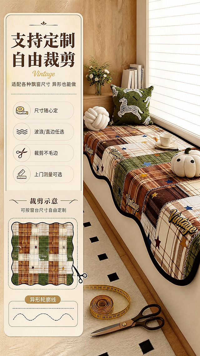 [商品] 使用【图1】复古拼色格纹天鹅绒飘窗垫；保留波浪异形边缘、格纹拼块、星星图案、Vintage刺绣字样、天鹅绒材质；自然理顺毯面，增强绒面纹理质感，不改变颜色和图案。
[画面] 目标为定制裁剪卖点页，竖版9:16，左文右图结构，右侧展示飘窗垫铺设效果，左侧信息区配裁剪示意、卷尺图标和异形轮廓线，表达可按窗台尺寸自由定制、异形裁剪不毛边；前景加卷尺/剪刀小道具示意，中景产品，背景延续暖调家居环境，产品占画面约55%。
[视觉] 套系策略：风格=温馨复古家居商业摄影；标题字=复古衬线粗体+现代无衬线组合；正文字=简洁无衬线体；主色=暖棕+橄榄绿+米白；背景延展=基于暖棕米白做深浅层级、同色渐变和细腻木纹/织物质感；强调色=姜黄色，仅用于小面积图标、引线和标签；标题色=深棕褐；正文色=暖灰褐；组件=圆角浅底信息卡、细线引线、复古装饰线；光影=左前侧暖柔光，窗边自然光感。
[文字] 左上主标题"支持定制 自由裁剪"，副标题"适配各种飘窗尺寸 异形也能做"，配4个信息点"尺寸随心定  波浪/直边任选  裁剪不毛边  上门测量可选"，文字全部横向排版在左侧信息卡内，不遮挡产品主体。
[规格] 图片比例9:16竖版，4K，避免变形、错字、文字过小、冷蓝/冷灰背景、产品颜色改变、图案失真。