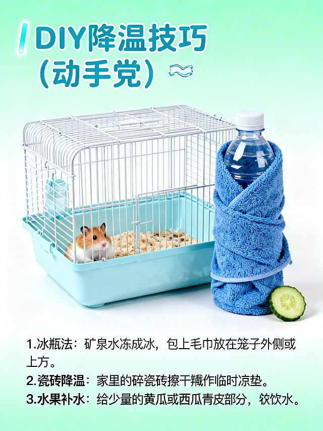 仓鼠DIY降温技巧科普图文封面，顶部标题文字为"DIY降温技巧（动手党）🧊"，标题字体圆润清爽，颜色#4A90E2，中等字号，标题左侧带有竖线高光。画面主体展示一个包裹着蓝色毛巾的冰水瓶放在仓鼠笼子边，旁边放一小片切好的黄瓜片。列出三点降温方法文字：1. 冰瓶法：矿泉水冻成冰，包上毛巾放在笼子外侧或上方。2. 瓷砖降温：家里的碎瓷砖擦干净冷藏后作为临时凉垫。3. 水果补水：给少量的黄瓜或西瓜青皮部分，补充水分。图片整体背景是薄荷绿#E0F2F1到纯白的柔和渐变背景，风格和上传图片保持一致，清爽治愈科普图文风格。