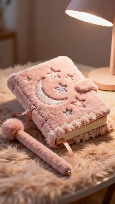 圆滚滚的浅粉短绒笔记本，封面有层次分明的毛绒刺绣星星和月亮图案，书脊缝着毛绒丝带，内页边缘装饰着绒絮，旁边放着同色系的毛绒笔，笔身长绒，笔帽有绒球，整个场景放置在毛绒桌垫上，暖光台灯照射，绒面质感细腻预览效果