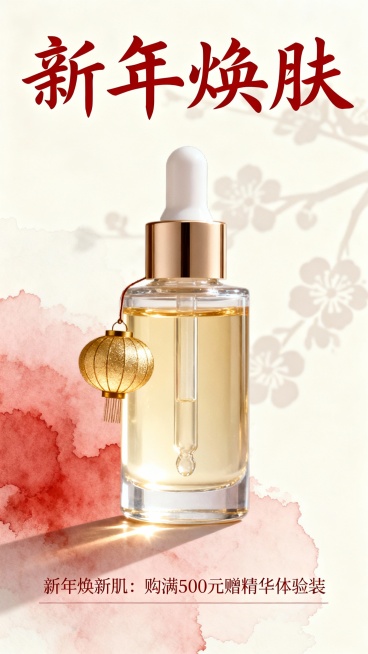 竖版极简风新年护肤促销海报，采用米白、浅红与鎏金配色，画面中央聚焦滴管式透明玻璃精华瓶，瓶中浅金色液体泛着柔光，瓶侧悬垂一只磨砂金小灯笼。背景以米白为底晕染淡朱砂水彩渐变，隐约透出梅花瓣剪影作为暗纹，预览效果