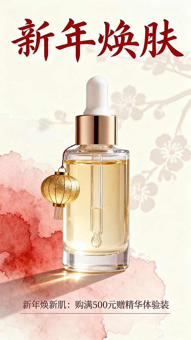 国潮风水彩背景，鎏金灯笼点缀，重拟物精华瓶呈现奢华质感，喜庆红梅与暖金光影交织，传递中式新年焕肤礼遇。