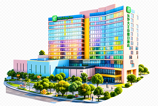 对这张Holiday Inn假日酒店建筑图进行精修重绘，高清3D卡通渲染风格，透明背景。核心要求：1. 建筑顶部左侧的绿色招牌文字必须是"Holiday Inn"，配绿色H标志，文字清晰准确，英文字母完整无错；2. 建筑右侧竖排的绿色中文招牌文字必须是"长沙大王山假日酒店"，共9个汉字，每个字清晰准确，无错字漏字；3. 建筑整体构造完整，所有楼层窗户、墙体结构清晰，彩虹色玻璃幕墙质感细腻；4. 底部的树木、道路、游乐设施等前景元素保留，风格统一；5. 整体4K超清画质，光影自然，色彩鲜艳饱满