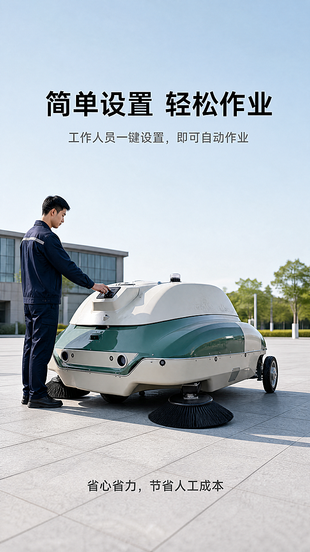 [第6屏] 真人操作演示屏，展示工作人员调试无人扫地车。本屏使用【图1】作为产品主体。[氛围/风格] 真实自然，专业可信，生活化场景。[元素布局] 画面中心偏下位置放置无人扫地车，保持原有结构和颜色不变，左侧为亚洲男性工作人员，正在操作产品控制面板，身体朝向产品，手部放在控制面板区域，动作自然真实。背景为开阔的室外广场场景，简洁不杂乱。[光影质感] 自然室外日光，整体明亮，人物和产品光影自然，细节清晰。[配色色系] 全局底色：室外广场自然浅蓝灰色调；主体配色：#F2EFE9（米白）+ #4A8C82（深绿），人物穿着藏蓝色工装，颜色协调。[视角构图] 中心构图，产品和人物占据画面中下部，上方预留标题区域，符合竖版浏览。[文字版式] 顶部主标题「简单设置 轻松作业」黑色加粗居中，下方副标题「工作人员一键设置，即可自动作业」灰色小字，底部标注「省心省力，节省人工成本」，文字清晰不遮挡产品和人物主体。[比例分辨率] 9:16竖版比例，4K分辨率，文字清晰可辨。[负向提示词] 产品变形，结构错误，颜色偏差，人物动作怪异，文字错乱，水印，背景杂乱，诱导按钮。