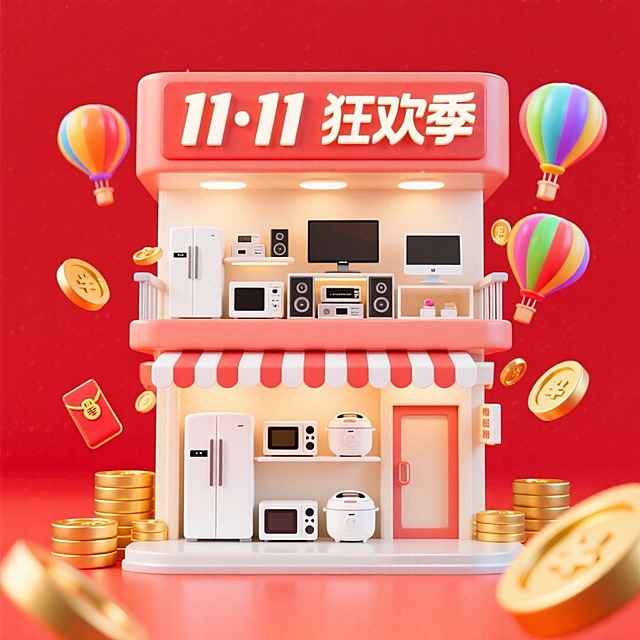 画面主视觉是一家双层电器店，门店招牌挂着“11·11 狂欢季”，一楼摆放白色冰箱、微波炉、电饭煲等厨房家电，二楼摆放电视机、音响、电脑等娱乐设备，周围环绕着金币、红包、热气球等元素，电商红色氛围。