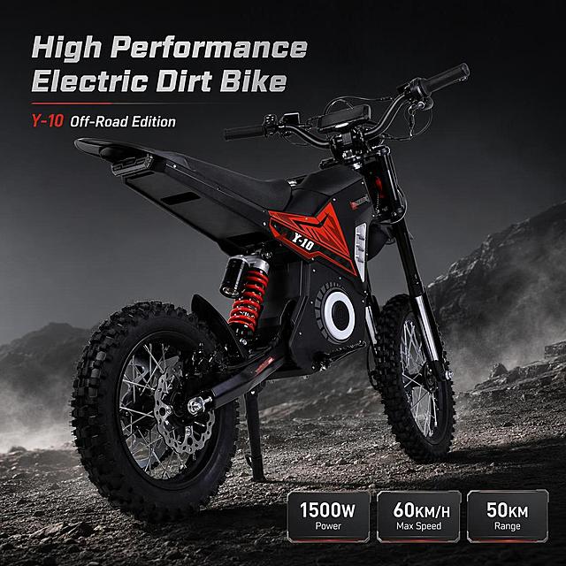 [第1屏] 本屏功能定义：Amazon跨境详情页头图，展示High-Speed Off-Road Electric Dirt Bike with high carbon steel frame full product appearance. 本屏使用【图1】作为商品主体。
[氛围/风格]：Professional tech style, dark gray low saturation gradient background, realistic commercial photography, highlights the off-road performance of the electric dirt bike.
[元素布局]：Electric dirt bike placed at the center of the screen, occupying about 70% of the space; top left for title area, bottom right for core parameter tags; all structural components, frame, wheels, shock absorption, motor position and color are consistent with the input product image. Add subtle off-road ground texture as background decoration.
[光影质感]：Soft front main lighting, natural projection on the bottom, highlight the frame texture and mechanical lines, clear layers, product 3D sense is prominent.
[配色色系]：Global background #2A2A2E; main color black and red of the product; auxiliary color dark gray, silver for text and tags.
[视角构图]：45-degree side oblique perspective, product is the visual center, reading flow from top left title to center product, then to bottom right tags.
[文字版式]：Top left title area: main title "High Performance Electric Dirt Bike", subtitle "Y-10 Off-Road Edition", 3 small parameter tags on the right: "1500W Power", "60KM/H Max Speed", "50KM Range"; text does not obscure the main body of the vehicle, font simple and generous, clear layering.
[比例分辨率]：1:1 square ratio, 4K resolution, clear text, high definition quality.
[负向提示词]：deformed vehicle, missing parts, wrong structure, color distortion, watermark, text confusion, blurry product image, garbled text, Chinese characters.