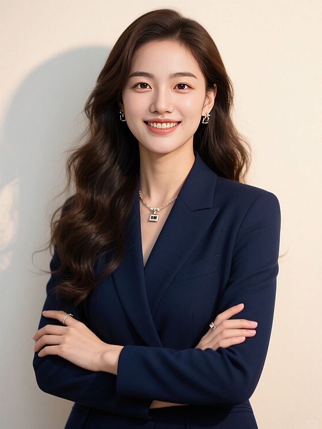 商务形象半身照，女生，藏青色西服，双手交叉抱胸，长发大波浪，精致的金属配饰，米白色背景墙，暖光，微笑