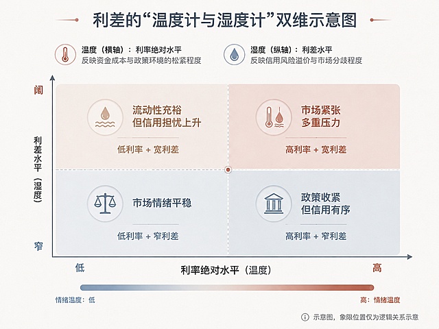 双轴象限图，利差的“温度计与湿度计”双维示意图。横轴代表利率绝对水平（从左到右：低→高），纵轴代表利差水平（从下到上：窄→阔），将市场环境划分为四个象限。四个象限分别标注：左下（低利率+窄利差）标注“市场情绪平稳”，右下（高利率+窄利差）标注“政策收紧但信用有序”，左上（低利率+宽利差）标注“流动性充裕但信用担忧上升”，右上（高利率+宽利差）标注“市场紧张，多重压力”。配色：左下象限浅灰蓝色，右下象限雾蓝色，左上象限浅赭石色，右上象限赭石红浅调，用雾蓝到赭石红的渐变色体现情绪温度梯度。图中用简短文字说明温度对应利率水平、湿度对应利差水平。右下角附注“示意图，象限位置仅为逻辑关系示意”。整体低饱和配色，主色为鼠尾灰、雾蓝、浅驼色，关键位置赭石红点缀，线条精细克制，所有文字清晰可见，无二维码占位，延续参考图的金融信息图设计风格，确保信息密度与阅读节奏平衡。