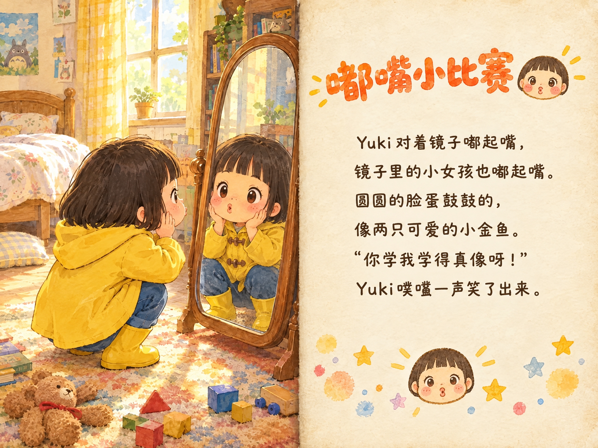 儿童绘本故事跨页三《嘟嘴小比赛》，横版左图右文布局，对开页中间… - 图片创意预览