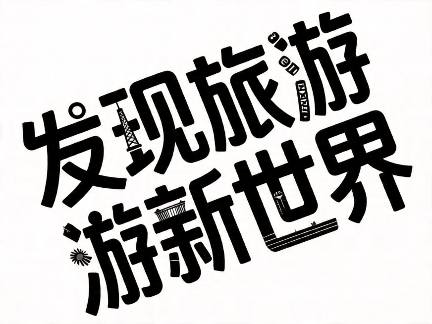 删除左下角多余的"游"字，将整体文字倾斜方向调整为从左下角往右上角倾斜，保持原创意设计风格，保留"发现旅游新世界"七个字，保持干净纯白色背景，黑色主体字，文字整体必须完整呈现在画面内不可被裁切，四周留预览效果