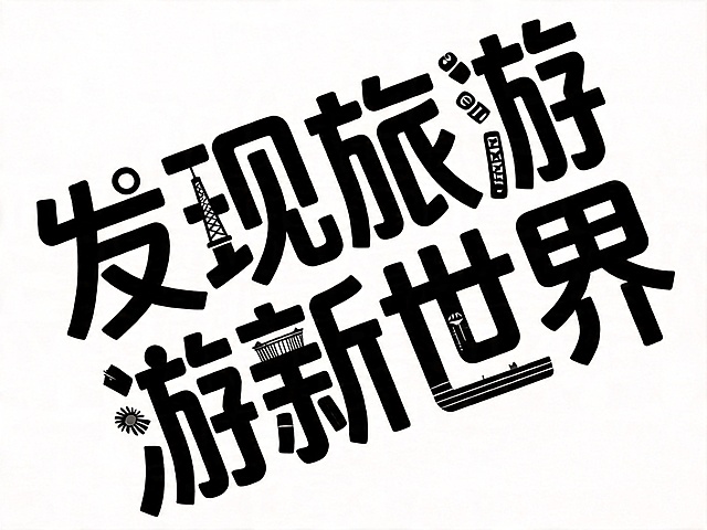 删除左下角多余的"游"字，将整体文字倾斜方向调整为从左下角往右上角倾斜，保持原创意设计风格，保留"发现旅游新世界"七个字，保持干净纯白色背景，黑色主体字，文字整体必须完整呈现在画面内不可被裁切，四周留有安全边距