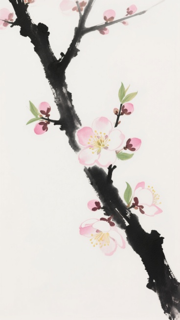 中国传统水墨风格梅花插画，一枝遒劲的墨色梅枝斜向伸展，枝头绽放着粉色与白色渐变的梅花，花瓣边缘略带晕染效果，花蕊呈淡黄色，点缀着嫩绿的新叶和含苞待放的粉色花蕾，整体色调淡雅清新，笔触细腻柔和，留白背景营造出空灵悠远的意境，展现出梅花傲骨凌寒的雅致韵味。预览效果