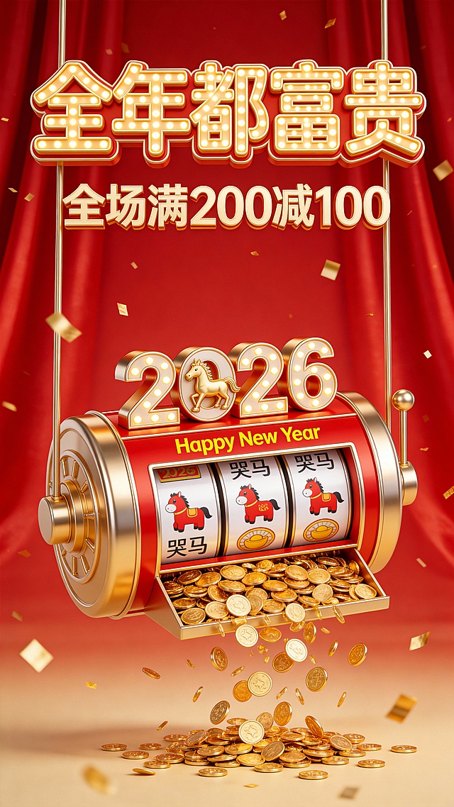 3D重拟物风格，鎏金金属质感，国潮风设计，喜庆红金配色，老虎机吐金币，满减促销信息突出，营造浓厚新年氛围。