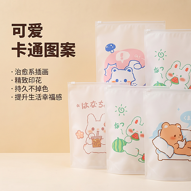 [主图 2] 核心卖点展示-可爱卡通图案
[氛围风格] 温馨舒适家居治愈风
[画质] 商业摄影质感、光线柔和通透、产品清晰真实、画面干净高级
[元素] 卡通图案收纳袋主体位于画面右侧，将四款不同的可爱卡通图案放大展示细节，浅暖纯色背景突出图案。保留原产品可爱的卡通设计风格和磨砂透白质感。保持收纳袋外观、物理结构、材质质感、颜色与输入产品图绝对一致，杜绝任何变形和色差，精细化处理。商品主体占比严格控制在60%-80%之间，画面满屏无边框
[光影] 均匀柔和的影棚柔光，突出卡通图案的色彩细节，整体光感温暖治愈，磨砂材质自然漫反射，明暗层次舒适
[配色] 主色调柔和暖白，提取图案中的马卡龙粉、淡绿、浅蓝、浅橘色作为点缀，整体配色清新治愈
[视角构图] 平视对焦图案细节，景深适中，主体清晰
[文字版式] 左侧垂直排列卖点，主标题 "可爱卡通图案" 大号粗体深色，每个卖点搭配简洁描述，文字不遮挡主体，左对齐留安全边距，排版干净直白
[比例分辨率] 1:1比例，2k分辨率，文字清晰锐利，画面超高清
[负向提示词] 变形，水印，文字错乱，产品图模糊，背景杂乱，配色刺眼，遮挡主体
