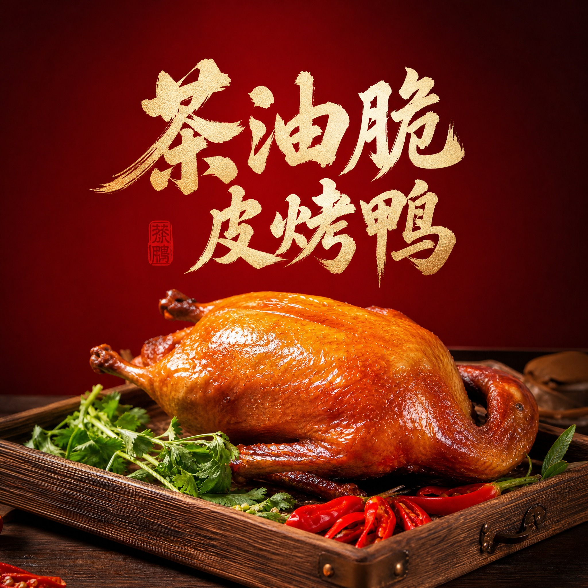 写实摄影风格的餐饮品牌头像，主体是一只刚出炉的茶油脆皮烤鸭，表… - 图片创意预览