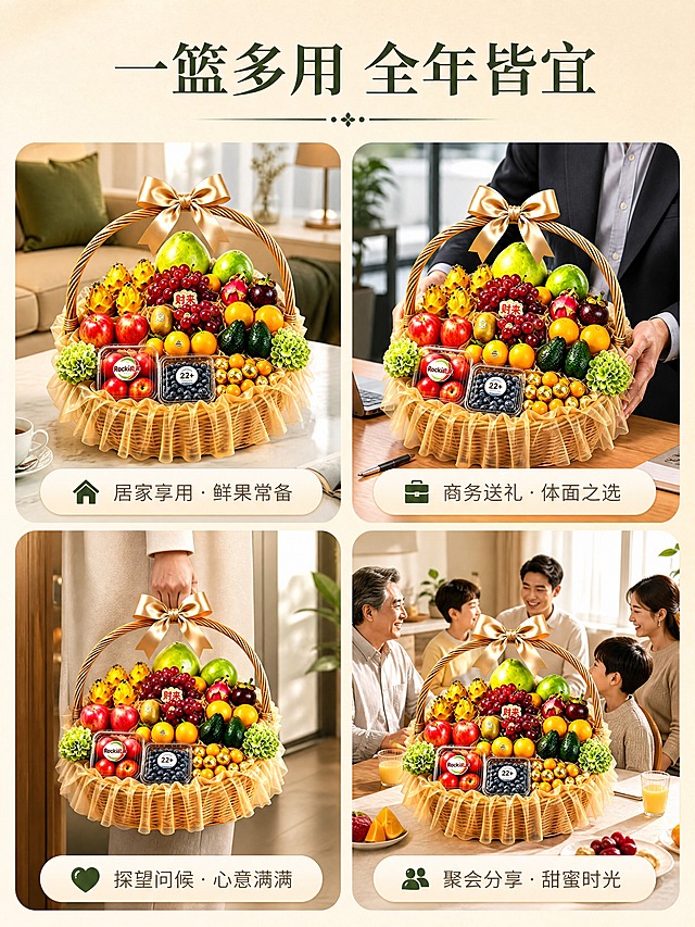 [商品] 使用【图1】福至-鲜果果篮；商品处理：保留果篮整体形态、水果组合与配饰布局，优化水果光泽与新鲜度。
[画面] 目标：多场景种草页，体现果篮全年通用的送礼/自用价值。场景拼图版式，2×2四个圆角卡片场景：左上=居家客厅茶几上摆放果篮（温馨日常）、右上=商务办公桌面送礼（职场往来）、左下=探望亲友手提果篮（心意问候）、右下=家庭聚会果篮分享（团圆共享）；每个场景果篮清晰可见，氛围自然真实。
[视觉] 套系策略：风格=高端生鲜商业摄影风，清新自然精致；标题字=现代简约宋体粗体，优雅大气；正文字=简洁无衬线体；主色=暖米杏+橄榄绿；背景延展=基于暖米杏做深浅渐变、同色系柔和过渡，搭配细腻纸质质感；强调色=深橄榄绿，仅用于小面积图标、引线和标签点缀；标题色=深棕绿；正文色=中暖灰；组件=圆角浅底信息卡、细线引线；光影=各场景均为柔和自然光，温馨自然。
[文字] 顶部主标题「一篮多用 全年皆宜」，四个场景分别配短句：居家享用·鲜果常备 / 商务送礼·体面之选 / 探望问候·心意满满 / 聚会分享·甜蜜时光；文字置于各场景卡片底部，横向排版。
[规格] 宽750px，高1000px（3:4），分辨率4K，负向提示：避免节日元素、圣诞/春节/中秋装饰、极限词、文字模糊、果篮变形、冷蓝色调、水印、二维码、竖排文字