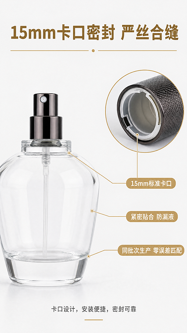 [商品] 使用【图5】中的100ml晶白料卡口玻璃香水瓶及盖子特写；保留瓶身形状、枪黑格纹盖、15mm卡口瓶口结构；修复盖子纹理清晰，卡口边缘锐利，玻璃通透。重点突出卡口结构而非螺口。
[画面] 第5张·卡口密封结构，目标是明确展示15mm卡口密封设计。引线标注型，画面左侧为香水瓶正面大图（带喷头，无盖），约占画面55%，右侧为盖子卡口部位圆形放大特写，约占画面30%。从瓶口、卡口处引出3条细线指向右侧说明文字。顶部通栏标题，底部一条短说明。阅读动线：顶部标题 → 左侧瓶身 → 右侧放大特写+引线说明。
[视觉] 套系策略：风格=1688工厂批发风·高级简约商业摄影；标题字=思源黑体粗体；正文字=思源黑体常规；主色=深棕金；背景延展=基于深棕金做浅灰白纯净背景、圆形放大框用金色描边；强调色=香槟金，用于引线、圆形描边、重点标注；标题色=深棕金；正文色=深灰；组件=金色细线引线、圆形放大框、圆角信息标签；光影=正面柔光均匀打亮，瓶口结构清晰无阴影遮挡。
[文字] 顶部主标题"15mm卡口密封 严丝合缝"；引线标注3点："15mm标准卡口""紧密贴合 防漏液""同批次生产 零误差匹配"；底部小字说明"卡口设计，安装便捷，密封可靠"。文字均为横排，不遮挡瓶口核心结构。
[规格] 图片比例9:16竖版，4K，负向提示：避免螺口瓶口、螺纹结构、分装操作、文字竖排、瓶身变形、极限词、二维码。