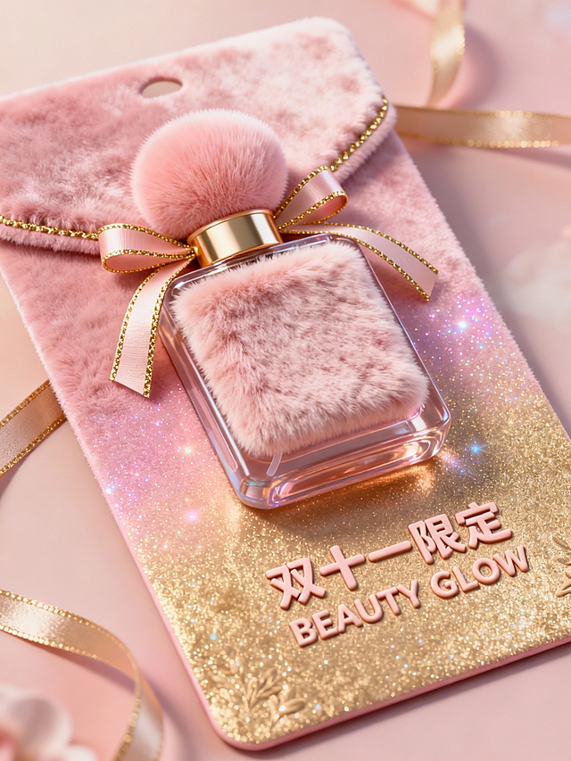 C4D美妆红包卡片，毛绒梦幻风格，双十一限定，天鹅绒柔光质感，粉金渐变底，香氛瓶与粉扑装饰，丝带金线包边，细闪漫射光效，3D立体感突出，右下角浮雕文字“双十一限定 BEAUTY GLOW”，整体柔和梦幻、治愈温暖
