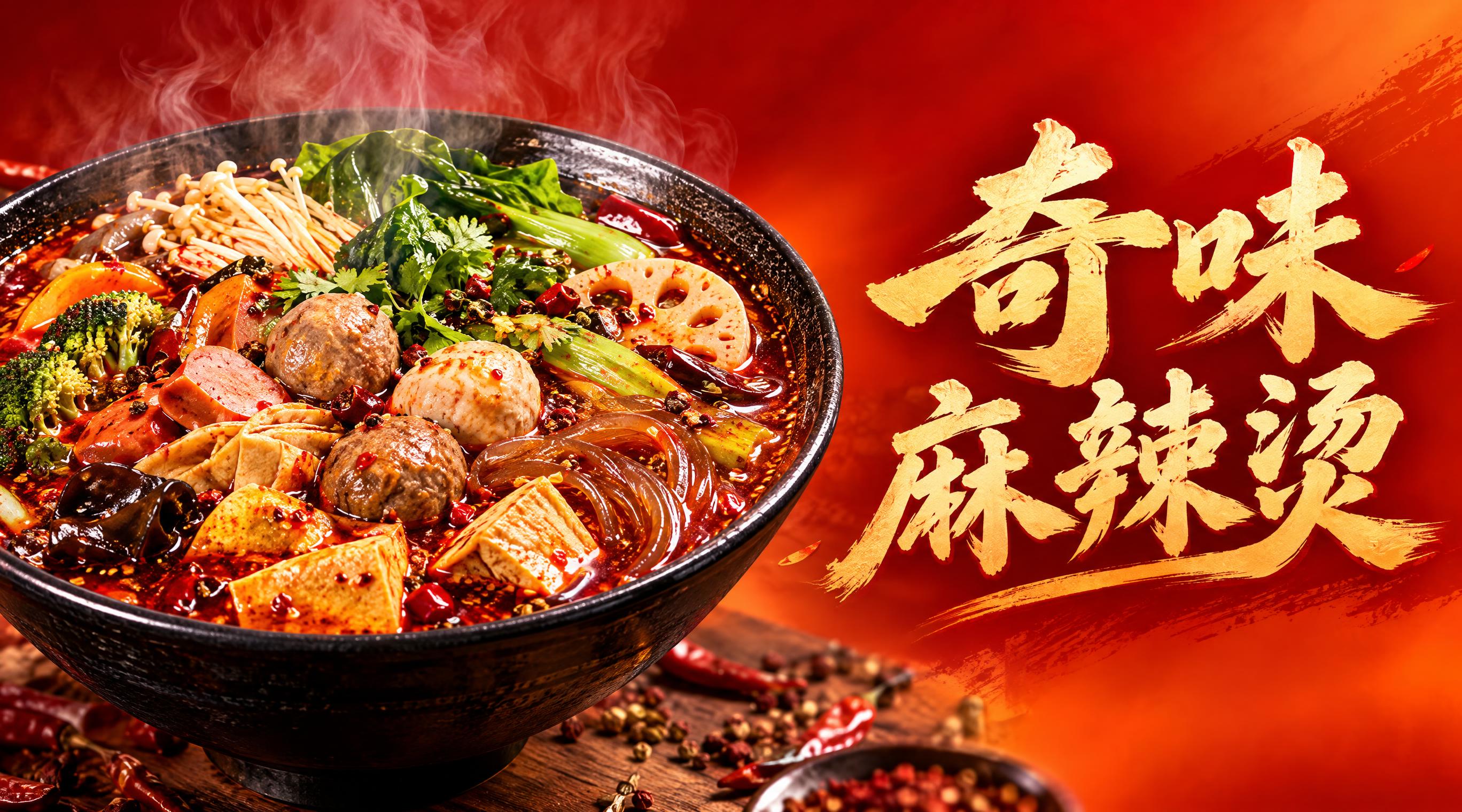 麻辣烫店铺店招设计，横版构图。左侧是一碗热气腾腾的麻辣烫美食写… - 图片创意预览
