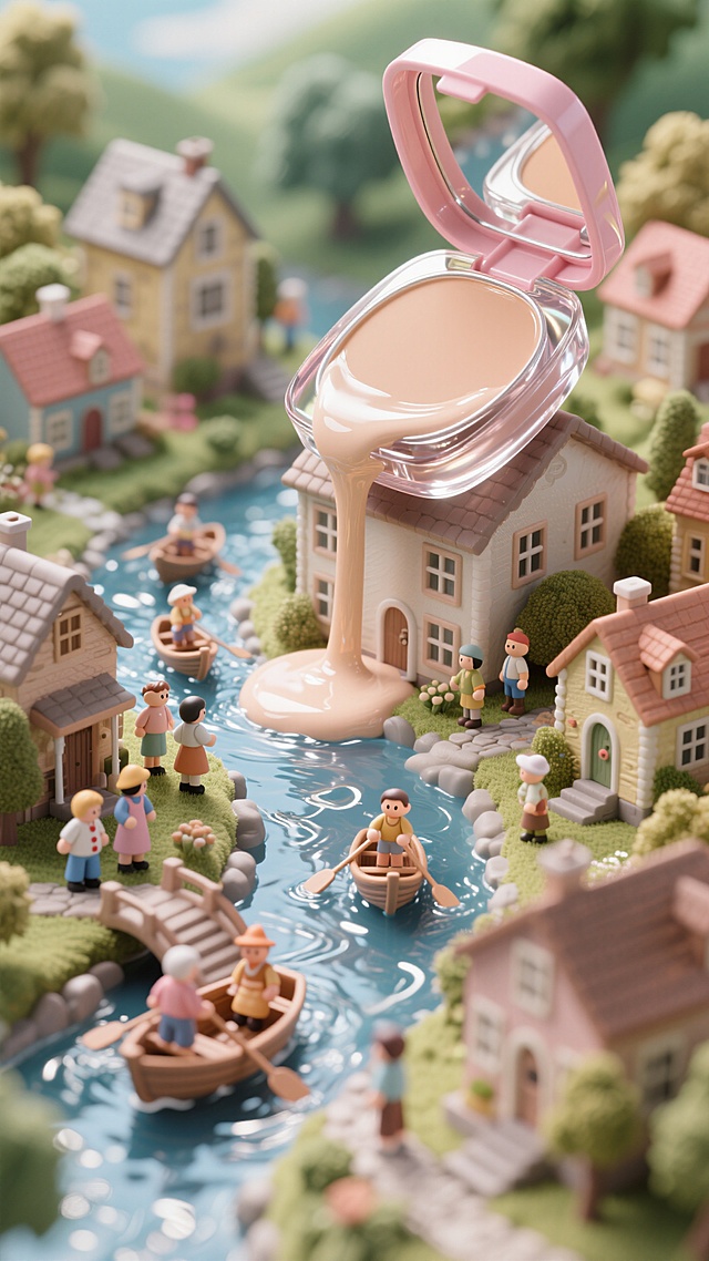 一个巨大的打开的粉底液在一个小镇的房屋上，溪流由倒出的粉底液形成，一群迷你小人乘船在溪流里