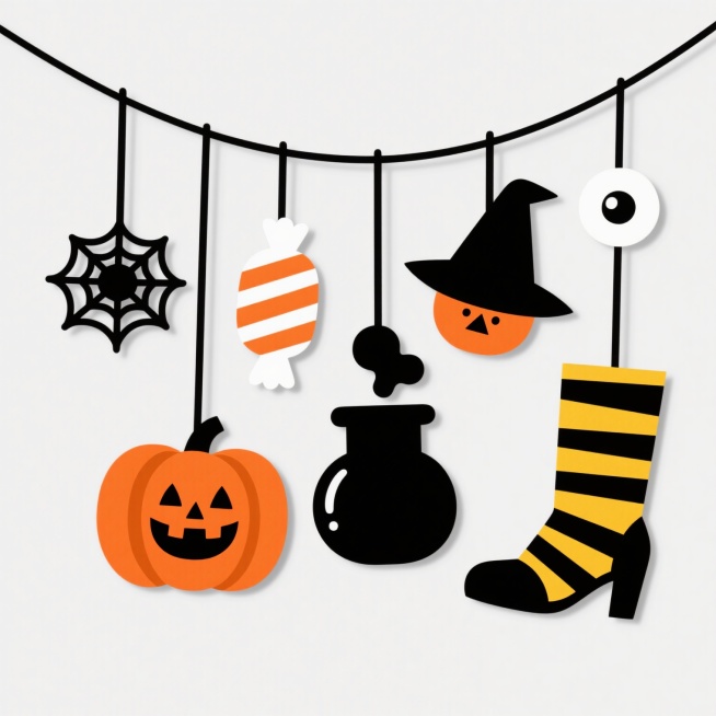 极简主义剪纸风格的万圣节装饰图案，纯白背景上悬挂着七个黑色细线吊饰：左侧是镂空蜘蛛网，接着是橙白条纹糖果，中央是咧嘴笑的橙色南瓜灯，中间偏右是冒泡的黑色女巫坩埚，右侧依次为黄黑条纹女巫靴、白色眼球装饰和另一个带三角鼻的橙色南瓜灯，整体造型扁平几何化，边缘锐利无渐变，色彩采用高饱和橙黑配色，每个元素独立悬浮且间距均匀，呈现节日氛围的简约平面设计感。预览效果