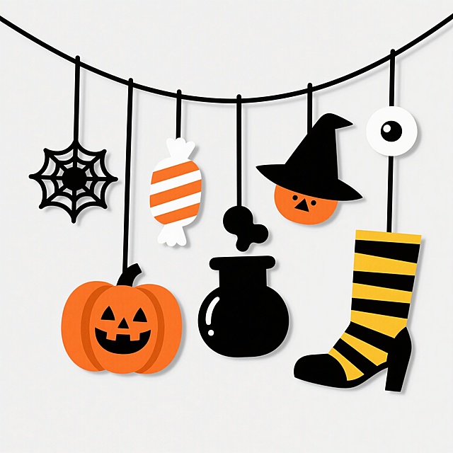 极简主义剪纸风格的万圣节装饰图案，纯白背景上悬挂着七个黑色细线吊饰：左侧是镂空蜘蛛网，接着是橙白条纹糖果，中央是咧嘴笑的橙色南瓜灯，中间偏右是冒泡的黑色女巫坩埚，右侧依次为黄黑条纹女巫靴、白色眼球装饰和另一个带三角鼻的橙色南瓜灯，整体造型扁平几何化，边缘锐利无渐变，色彩采用高饱和橙黑配色，每个元素独立悬浮且间距均匀，呈现节日氛围的简约平面设计感。