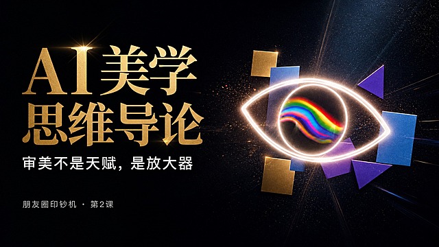 基于参考图的霓虹眼睛图形和深色科技背景，制作一张16:9横版课程招生海报。画面右侧保留霓虹发光眼睛图形（白色霓虹轮廓，内部彩虹色流动光效，周围环绕金色方块、蓝色方块、紫色三角形几何元素），左侧为文字区域。主标题"AI美学思维导论"使用金色衬线字体，最大字号，位于画面左上方，视觉焦点。副标题"审美不是天赋，是放大器"使用白色无衬线字体，中号字，位于主标题下方。底部小字"朋友圈印钞机 · 第2课"使用灰色无衬线字体，小号，位于画面左下角。背景为深邃黑色，带有细微颗粒质感和光束效果，整体风格高端科技感，版式精美，左右构图平衡，留白舒适，文字清晰可读。画面中所有信息区域必须填充完整合理的内容，不得出现空白框或占位区域。