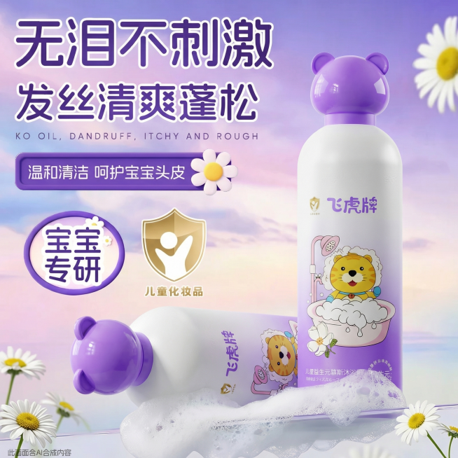 保留原有海报的所有文字内容、整体排版以及渐变紫背景和雏菊装饰，将海报里原来的两瓶洗发水替换成右侧图片的飞虎牌儿童益生元慕斯沐浴露，保持海报构图、位置和整体风格不变预览效果