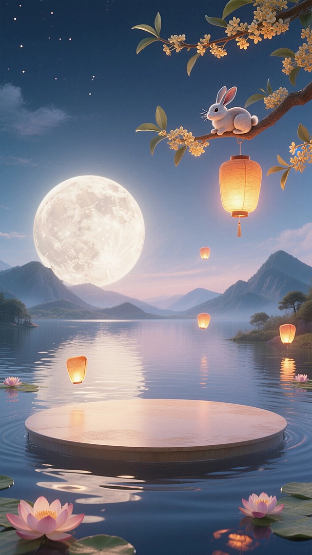 前景漂浮一个圆形展台。清澈透明的湖面，巨型的圆月，连绵的山脉，右上角伸出桂花枝（枝头一只兔子、悬挂灯笼），湖泊上飘着小小的莲花灯，远处几个孔明灯。整体温暖氛围。