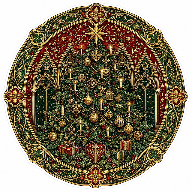 Christmas sticker, medieval illuminated manuscript style, a beautifully decorated Christmas tree with golden ornaments and candles, circular composition 800x800, deep green and red and antique gold colors, intricate gothic linework, isolated on clean white background, e-commerce sticker design, high detail, festive holiday atmosphere