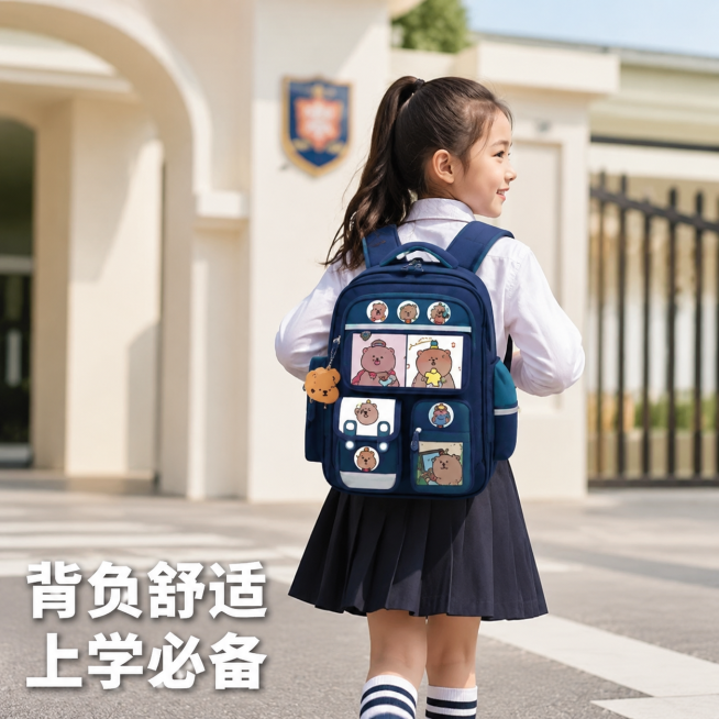 [主图-5] 儿童书包日常使用场景展示图。[氛围风格] 温馨生活化校园风；[画质] 商业摄影质感、光线柔和通透、产品清晰真实、画面干净高级。[元素] 亚洲小学生小女孩背着深蓝色卡皮巴拉书包走在校园门口预览效果