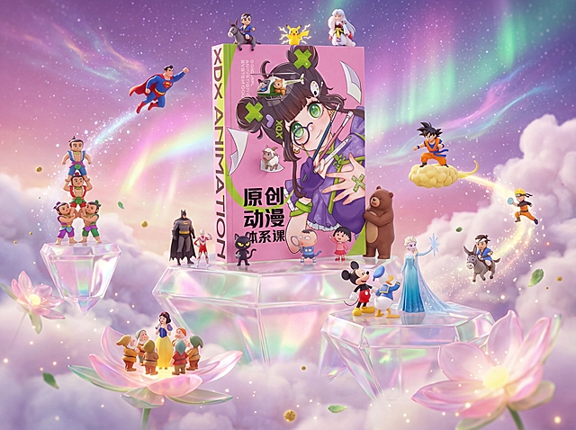 微缩世界摄影，移轴效果，一本巨大的粉色动漫教材书悬浮在梦幻云端之上, 场景设定在流动的星云与彩虹光带之间，脚下是透明水晶般的浮空平台，折射出柔和的粉绿色光芒。角色们或站在发光的花瓣上，或乘着光粒子飞行，与巨书产生魔法般的互动。金色与绿色的光尘在空气中缓缓飘舞，背景是渐变的粉紫星空与极光。整体氛围如童话仙境般梦幻唯美，3D渲染，皮克斯风格，超精细8K, 景深虚化，4:3画幅，柔和的全局光照与体积光。基于上传图重新合理优化30个角色位置分布，避免拥挤，增强空间层次感与视觉动线引导