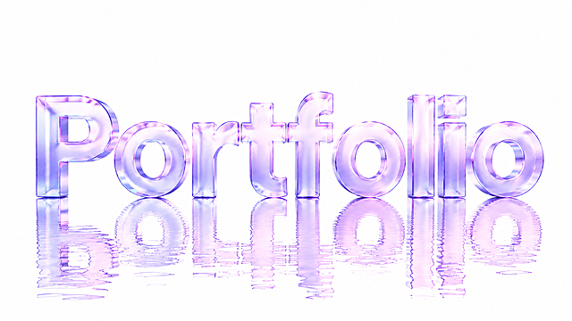 保持原图的构图、水波倒影和白色背景不变。将"Portfolio"3D黑体字改为玻璃透明质感，字体呈现清透的玻璃材质效果，带有冷色调粉紫渐变的玻璃折射色彩（紫色偏多），边缘有明显的玻璃高光和折射光线，内部通透可以隐约看到后方背景，具有厚度感和立体感。玻璃表面光滑，有细微的环境反射和色散效果。下方的水波倒影也呈现出透明玻璃字的倒影效果，随水波扭曲。仅包含这9个字母："P"、"o"、"r"、"t"、"f"、"o"、"l"、"i"、"o"，不得增加、遗漏或替换任何一个字母。文字整体必须完整呈现在画面内不可被裁切，四周留有安全边距。