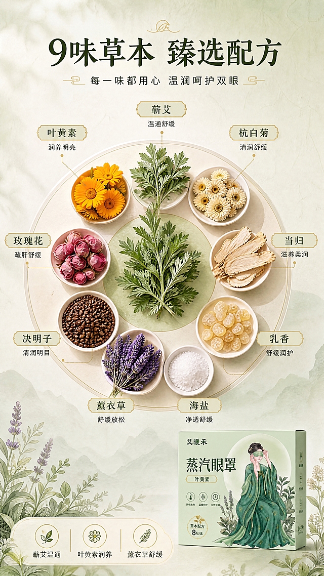 [商品] 本页为成分功效专页，以草本原料可视化为主，不强制垫产品图；右下角可点缀【图1】包装盒小图（占画面约15%），保留包装外观特征。
[画面] 目标：9大草本成分展示，强化配方专业感与天然感。构图：竖版9:16，画面中央为大号圆形成分主视觉区，环绕分布9种草本原料的写实插画/实物：蕲艾、叶黄素（金盏花/菊花意象）、杭白菊、当归、玫瑰花、决明子、乳香、薰衣草、海盐；每种原料配名称标签，用细线引线连接；背景为浅艾草绿渐变，带细腻宣纸纹理，底部有淡绿色草本枝叶装饰；成分元素合计占画面约60%，大且清晰。
[视觉] 套系策略：风格=东方草本国风商业摄影，温润治愈；标题字=宋体衬线粗体（古风雅致）；正文字=简洁无衬线体；主色=艾草绿+浅米杏；背景延展=基于浅米杏与艾草绿做深浅层级、宣纸纹理、同色渐变；强调色=暖金色，仅用于小面积图标、引线、标签和装饰线条；标题色=深墨绿；正文色=深暖灰；组件=圆角浅底信息卡、细线引线、草本图标；光影=左前侧暖柔光，柔和阴影。
[文字] 顶部主标题「9味草本 臻选配方」（8字），副标题「每一味都用心 温润呵护双眼」；9种成分名称环绕排列，字体清晰可读；底部加一行小字说明「蕲艾温通 · 叶黄素润养 · 薰衣草舒缓」；文字均横排，不拥挤。
[规格] 图片比例9:16竖版，4K分辨率，负向提示：避免变形、错字、文字过小、冷蓝灰调、成分元素过小、医疗功效承诺、极限词。