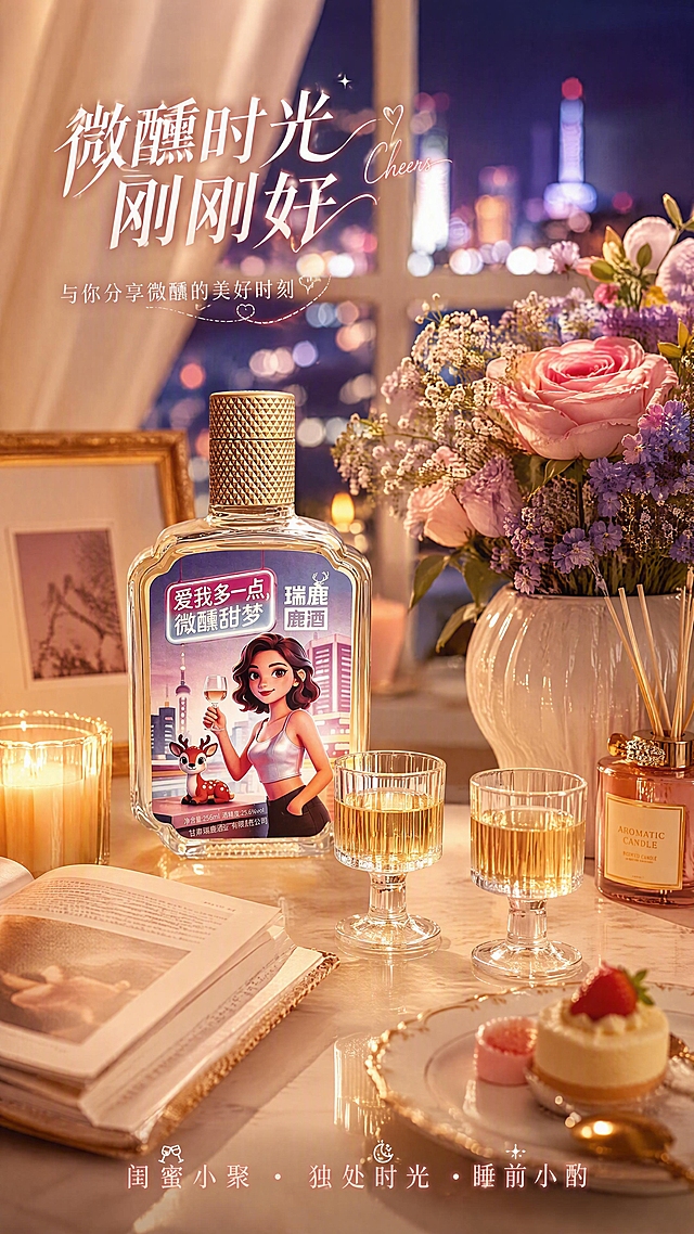 [第5张] 详情页场景展示页——瑞鹿鹿酒闺蜜小聚独饮时光。本张使用【图1】作为商品主体。
[氛围/风格] 温馨生活风，暖米白+浅粉背景，柔和暖光，生活摄影质感，参考长相思详情页的场景展示风格。
[元素布局] 画面展示温馨的室内场景：窗边小桌上放着瑞鹿鹿酒瓶和两个小酒杯，占比约30%，瓶身与输入产品图一致；桌上还有鲜花、香薰蜡烛、一本翻开的书、一盘小甜点；窗外是柔和的城市夜景灯光；整体营造闺蜜小聚或独处微醺的惬意氛围。
[光影质感] 暖黄色台灯光+窗外夜景光，柔和温馨，玻璃酒瓶有暖光反射，桌面有自然阴影。
[配色色系] 全局底色 #FFF5EE 暖米白渐变；主色暖粉、米白；辅助色金色烛光、鲜花粉紫；点缀色窗外蓝紫夜景光。
[视角构图] 45°角俯视桌面场景，产品在画面中心偏左，阅读动线从产品向四周场景扩散。
[文字版式] 版式为场景图 + 左上/右下文字叠加。主标题「微醺时光 刚刚好」，手写体+衬线组合，置于左上；右下角小字「闺蜜小聚 · 独处时光 · 睡前小酌」，三种场景标签横向排列。
[比例分辨率] 9:16 竖版比例，4K 分辨率，文字清晰可辨，高清画质。
[负向提示词] 瓶身变形，缺件错件，颜色偏差，标签文字错乱，水印，文字过小模糊，背景杂乱，产品图模糊。