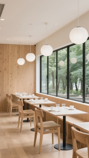 极简主义风格咖啡厅室内设计，温暖原木色为主色调，搭配大面积落地玻璃窗引入自然光，窗外可见茂密绿树形成自然背景，天花板悬挂多个圆形白色磨砂玻璃吊灯，整齐排列的浅色实木餐桌椅，桌面摆放白色餐具和透明玻璃杯，浅色木地板与木质墙面营造温馨舒适氛围，空间宽敞明亮，线条简洁流畅，整体呈现宁静雅致的用餐环境。预览效果