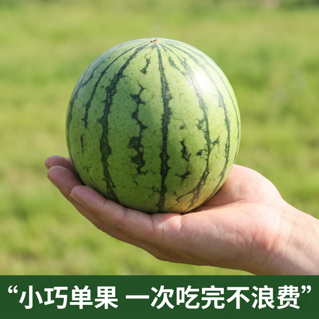 [主图-4] 2K手撕小糖丸西瓜单果大小展示图。氛围风格：真实直观，生活化。画质：商业生鲜水果摄影质感，光线自然通透，产品清晰真实。元素：单颗完整小糖丸西瓜放置在成年人手掌上，展示小巧玲珑的单果大小，预览效果