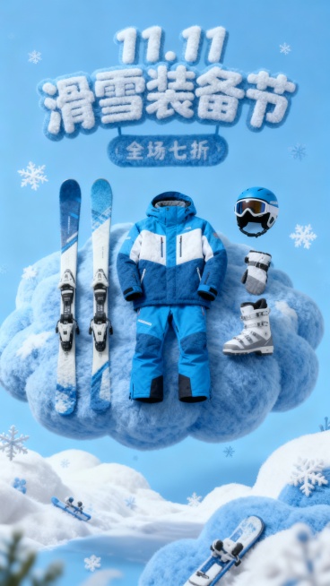 放大的物品悬浮或摆放在巨大的 3D 蓝色毛绒云朵上，背景大字标题 “11.11 滑雪装备节” 毛绒艺术大字位于画面上方，毛绒小字标签 “全场七折” 位于标题下方，毛绒可爱元素装饰（雪花、滑雪板模型），预览效果
