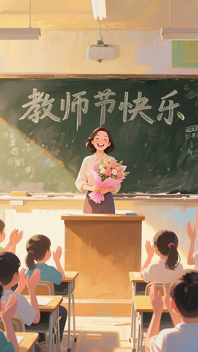 教室里，黑板上写着 “教师节快乐” ，一位笑容灿烂的女教师捧着粉色包装的一束花站在讲台上面对学生，学生鼓掌，暖黄色光影，正视，画面重心居下