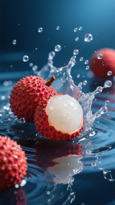 超写实摄影风格，几颗鲜红饱满、表面布满尖刺状凸起的荔枝，其中一颗被剥开，露出晶莹剔透、圆润光滑的白色果肉，果肉上带着细小的水珠，荔枝浸泡在清澈的水中，水面上溅起一道动态十足的水花，水花中包裹着无数透明的气泡，水珠和水花在深蓝色渐变背景下折射出冷调的光芒，水面波光粼粼，倒映着荔枝的影子，整体营造出一种清凉、静谧而又充满水润感的氛围，光线从侧面打来，在荔枝表面和水花上形成明显的高光和阴影，细节极致……预览效果