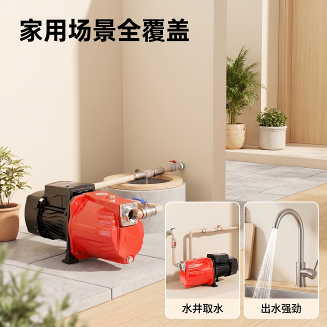 [主图 3] 自吸增压喷射泵家用抽水增压场景展示图
[氛围风格] 温馨舒适家居治愈风；
[画质] 商业摄影质感、光线柔和通透、产品清晰真实、画面干净高级。
[元素] 本图为场景展示，左上角大框展示自吸预览效果