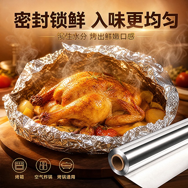 [主图-6 锁鲜入味卖点图] 加厚食品级锡纸 家用烘焙烧烤铝箔纸 主题：锁住原汁原味 烤出大厨级口感。
[统一基调] 京东品质感 简洁稳重 暖金洁净风 渲染光效 高转化卖点图 文字占比<30% 一图一重点。
[画面] 画面展示锡纸包裹的烤鸡被打开的瞬间 热气腾腾 鸡肉色泽金黄诱人 汁水饱满 旁边放着完整的锡纸卷产品。背景为暖棕色渐变 带蒸汽与光晕渲染效果 营造食欲感。画面重点突出食物的美味质感与锡纸锁鲜的效果。
[光影质感] 美食摄影质感 暖光主调 食物表面有诱人的光泽 蒸汽效果自然 锡纸有真实金属反光 整体画面温暖有食欲 带高级光效渲染。
[配色] 暖棕色主背景 深棕色标题字 金黄色强调色 食物本色呈现 整体温暖有食欲感。
[文字版式] 顶部大标题"密封锁鲜 入味更均匀" 副标题"锁住水分 烤出鲜嫩口感" 底部标注"烤箱 空气炸锅 烤锅通用" 字体为粗黑体 标题最大 辅助文字清晰 文字放在负空间不遮挡食物主体。
[输出要求] 比例1:1 800x800像素 文字清晰可读 食物诱人有质感 无水印 无平台Logo 无杂乱元素 禁止变形错字模糊 渲染光效提升质感。