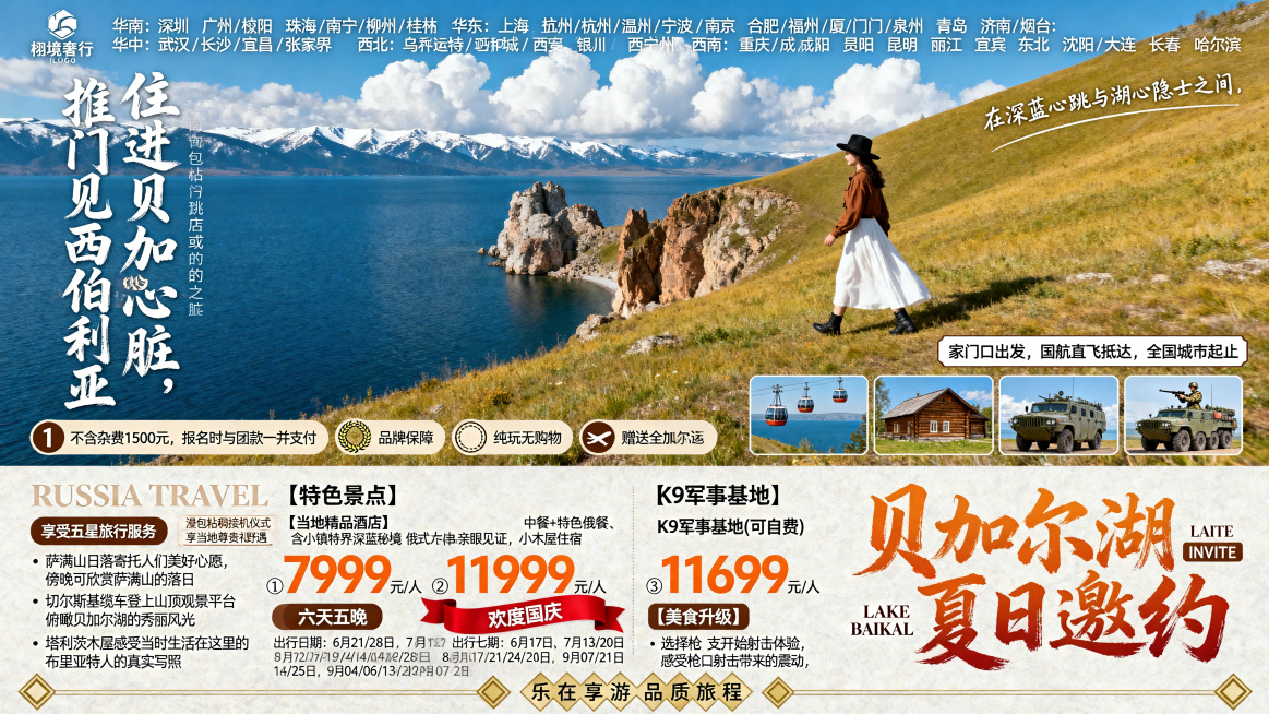 俄罗斯贝加尔湖旅游宣传海报，上半部分是写实自然风光摄影：晴朗蓝天大朵白云，远处覆雪山脉，深蓝色广阔贝加尔湖水，黄绿草坡，草坡上侧身行走的复古穿搭女生（棕上衣+白长裙+黑礼帽），自然光胶片质感；全版面分预览效果