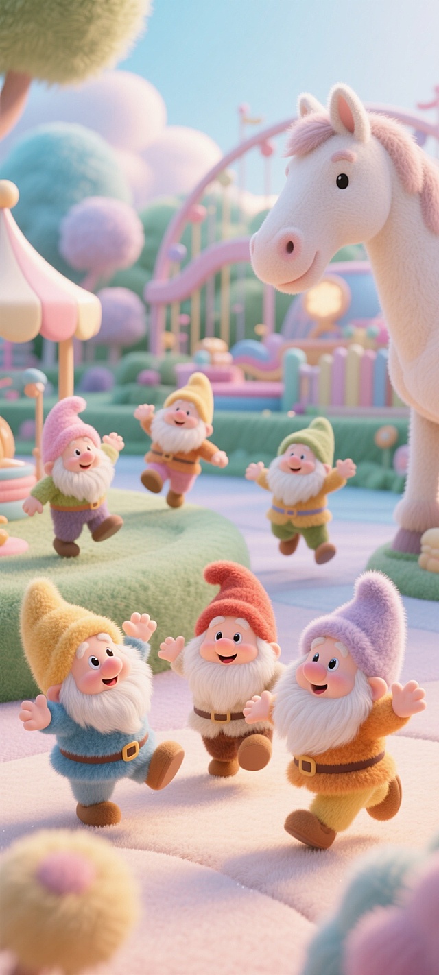 梦幻感十足的软3D卡通场景，毛发生长风与粘土质感结合，七个小矮人欢快奔跑，背景粉色童话乐园，充满可爱与节日氛围。